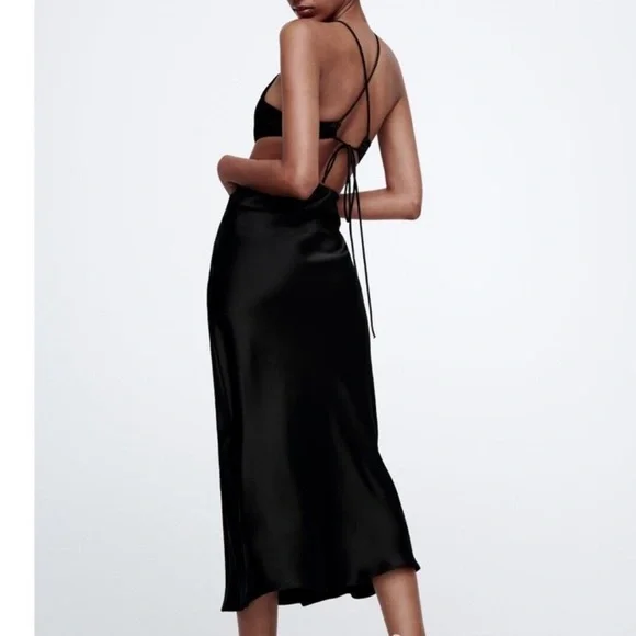 NWT. Zara Black Satin Effect Cut-Out Midi Dress - Picture 2 of 5